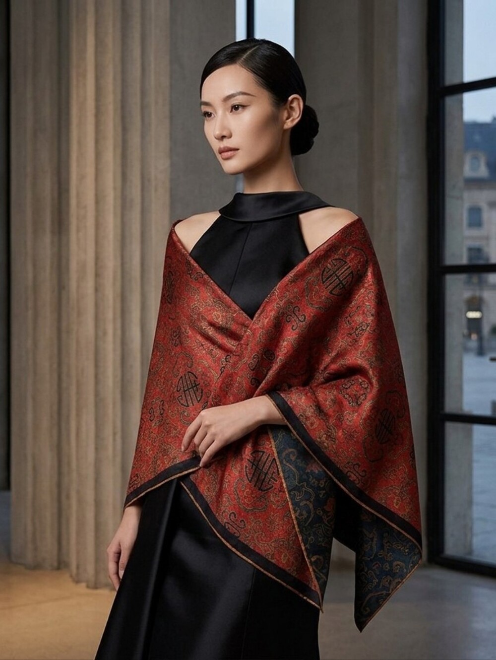 Chinese Crackled Pattern Silk large Scarf Shawl Stole Red & Black